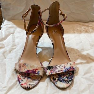 BP heels, silk, watercolor, floral print, 3 inch strappy heels. Size 6 1/2